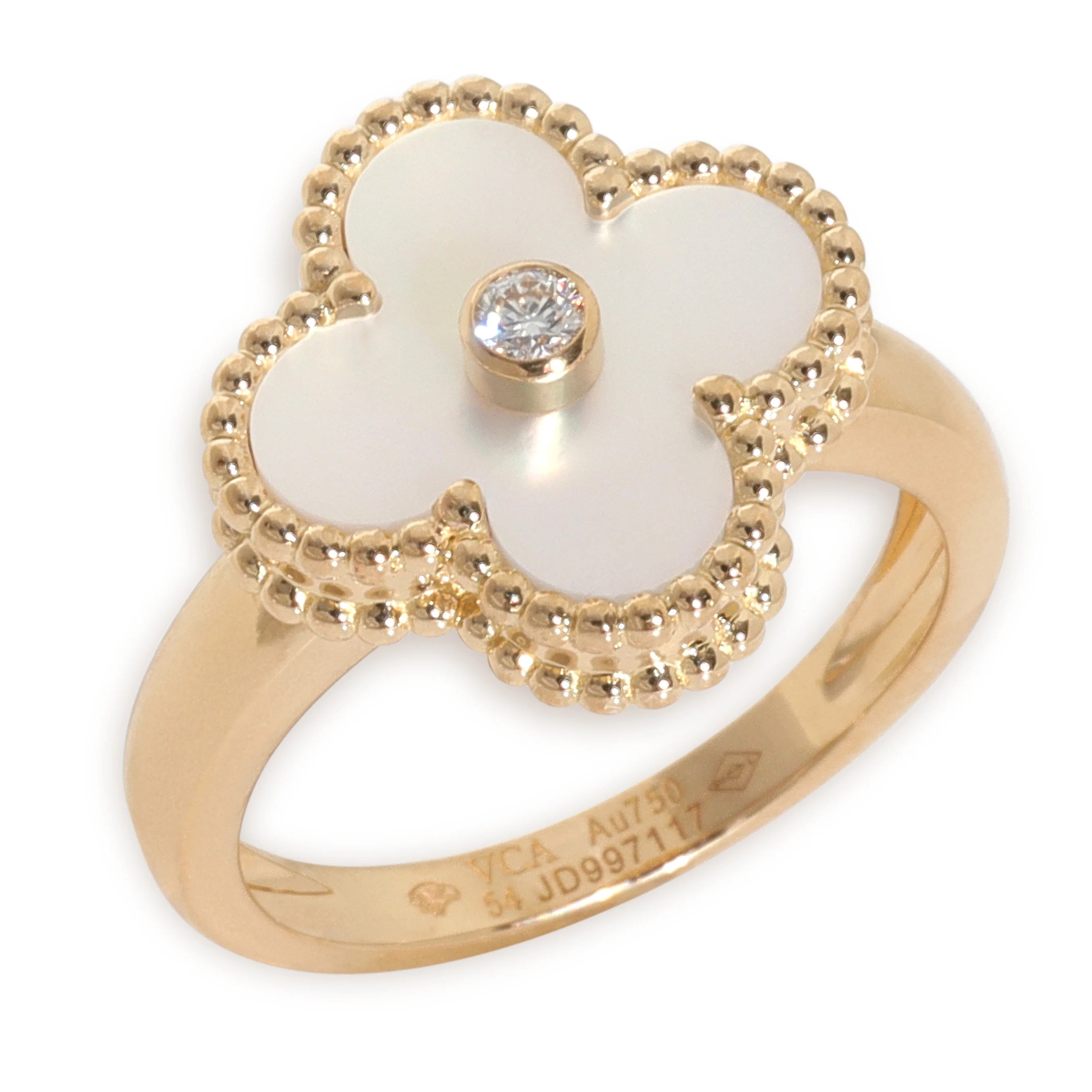 Yellow Gold Mother Of Pearl and Diamond Vintage Alhambra Ring - Image 4