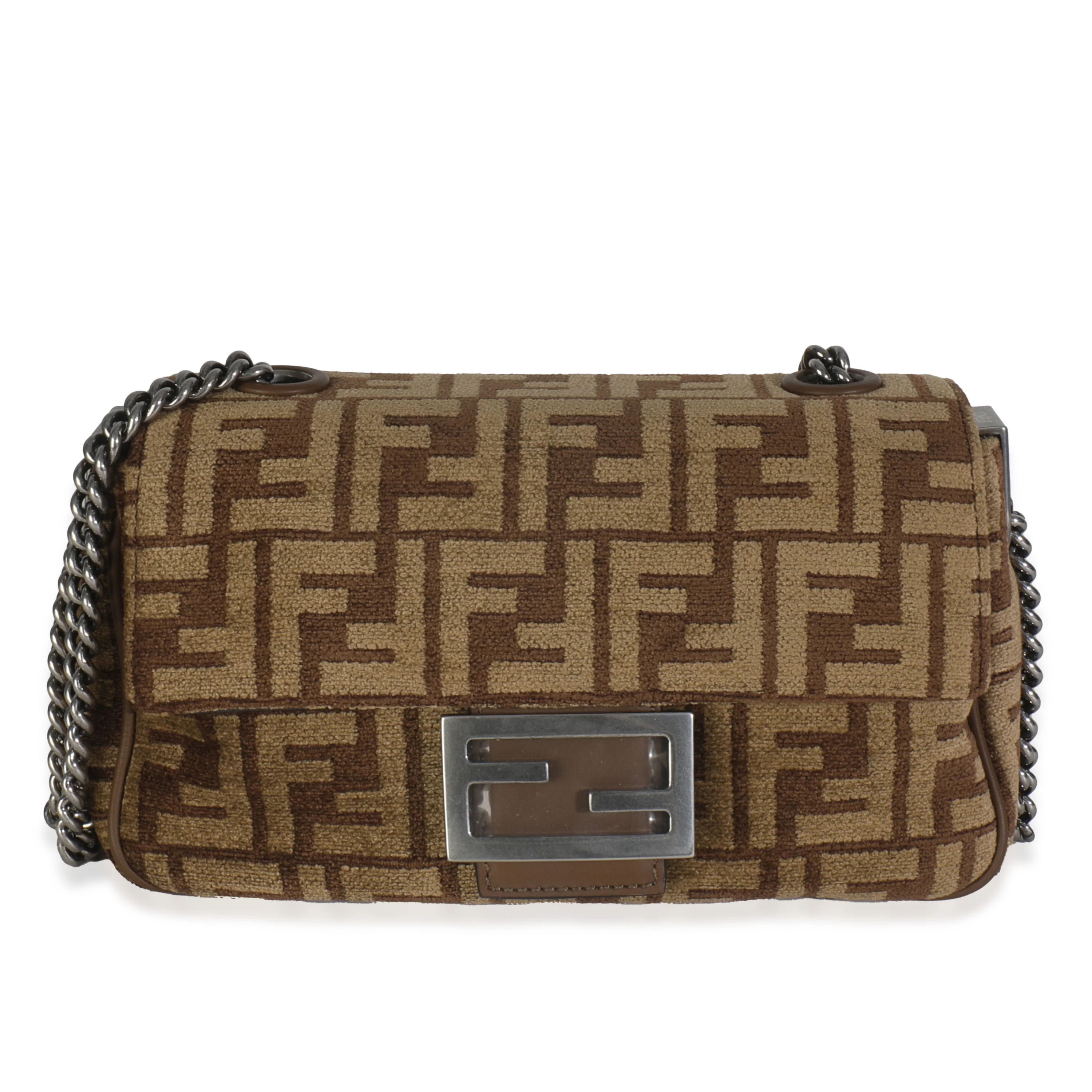 Brown Chenille Vitello Seta FF Midi Chain Baguette