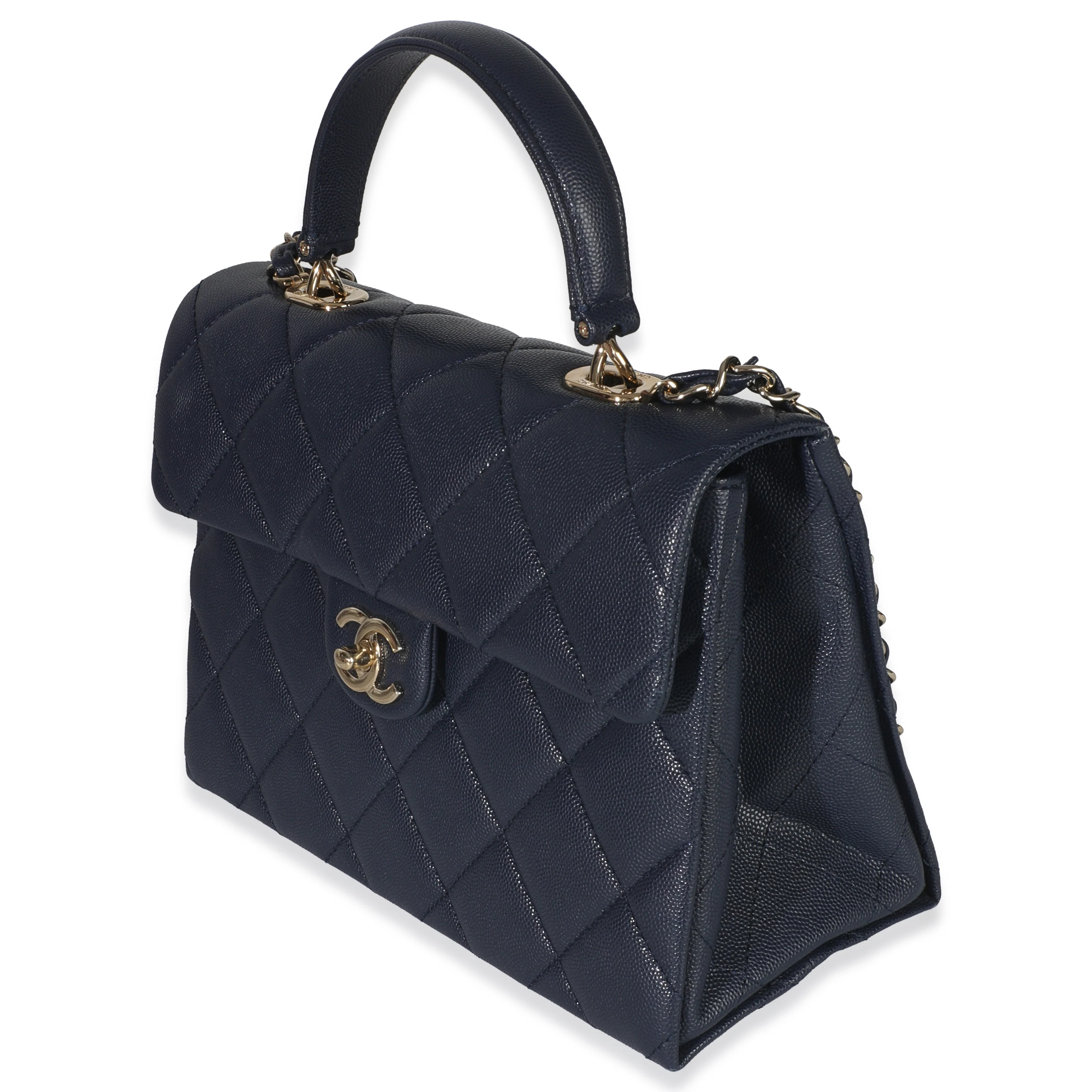 Navy Blue Quilted Caviar Retro Twist Top Handle Handbag - Image 2