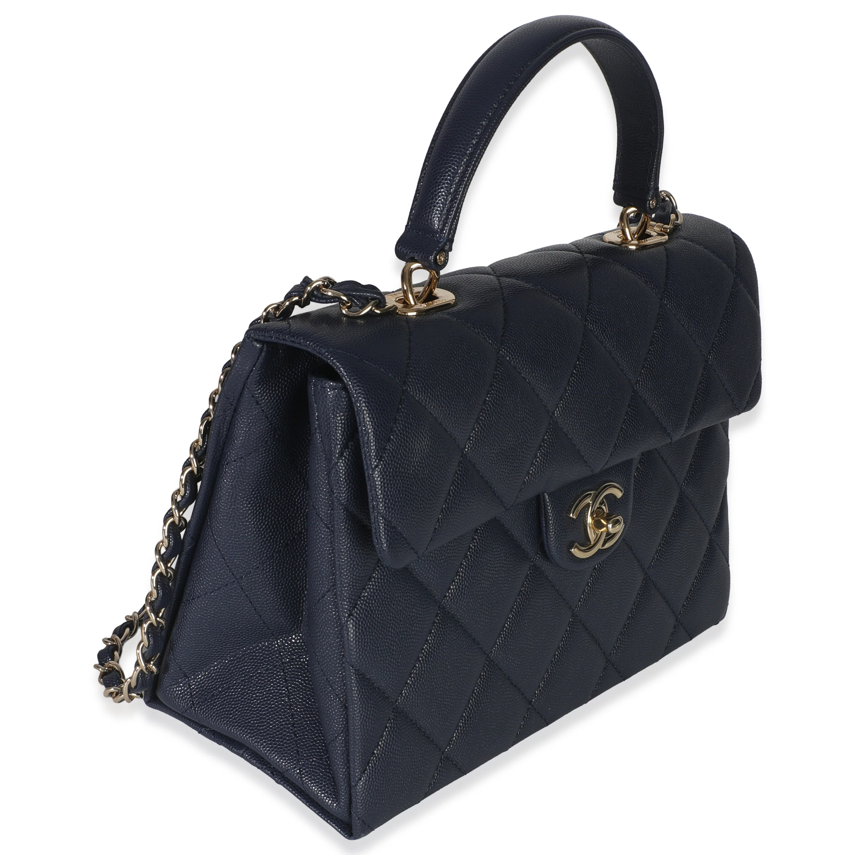 Navy Blue Quilted Caviar Retro Twist Top Handle Handbag - Image 3