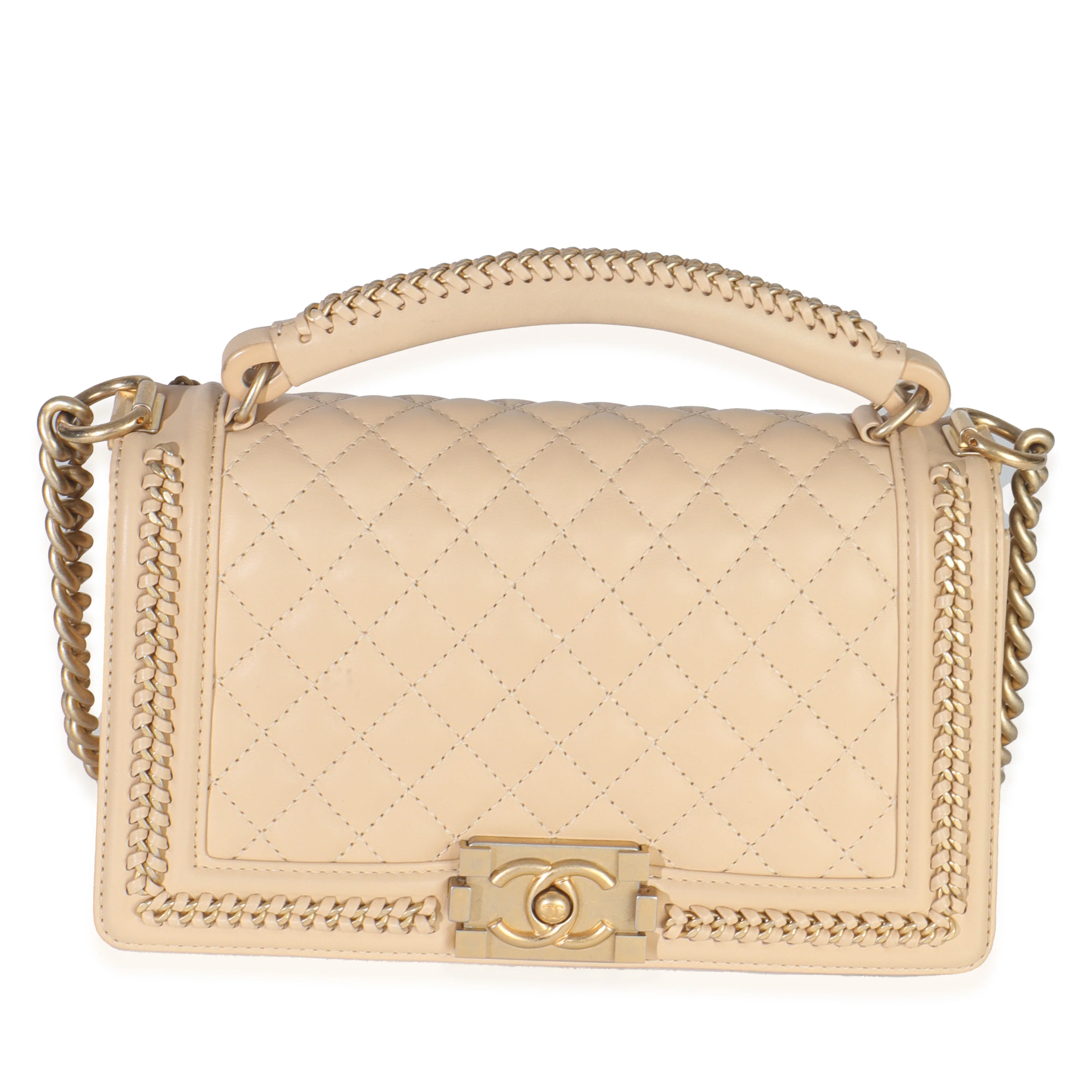 Beige Quilted Calfskin Interwoven Chain Top Handle Boy Bag