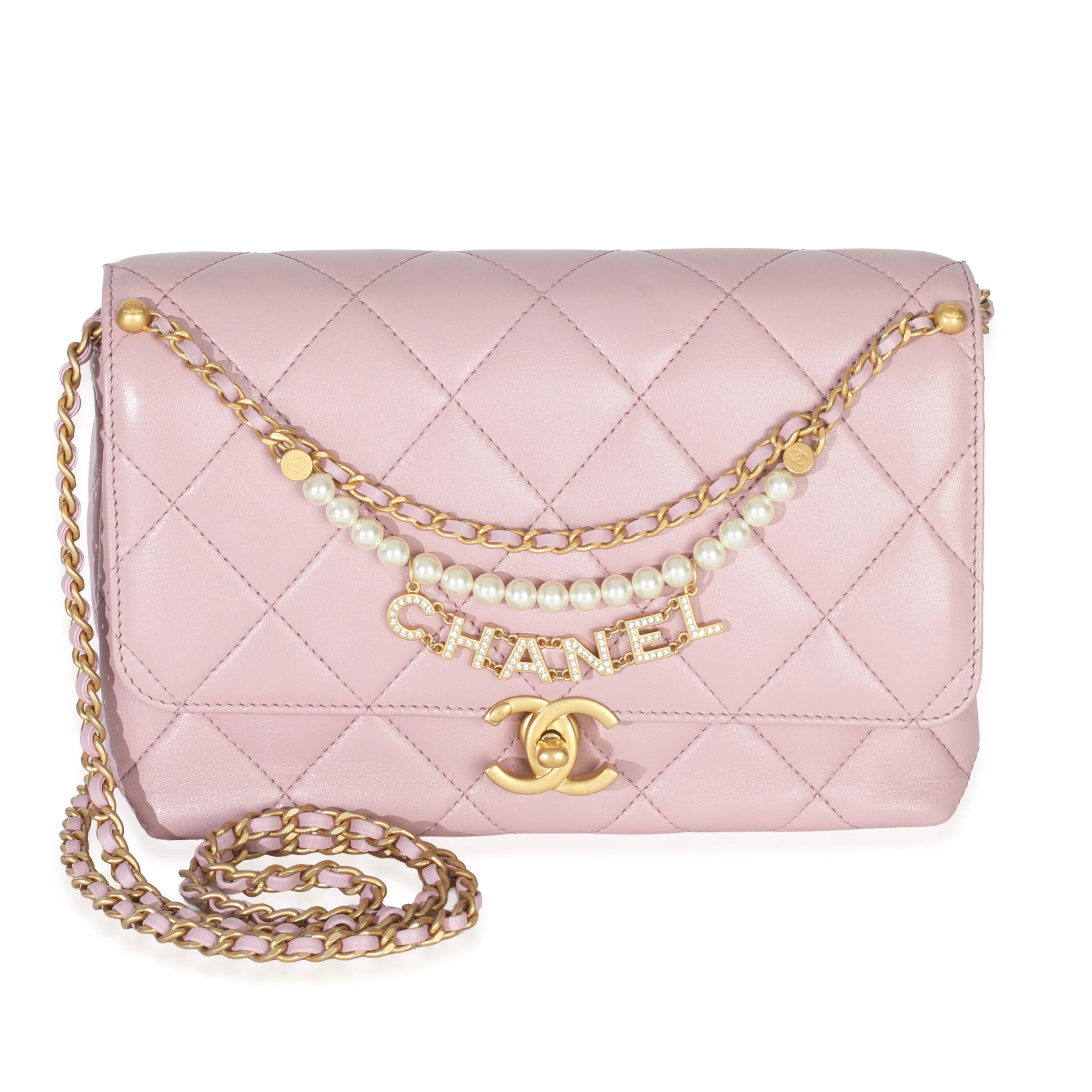 Pink Shiny Quilted Calfskin Mini Pearl Logo Flap Bag