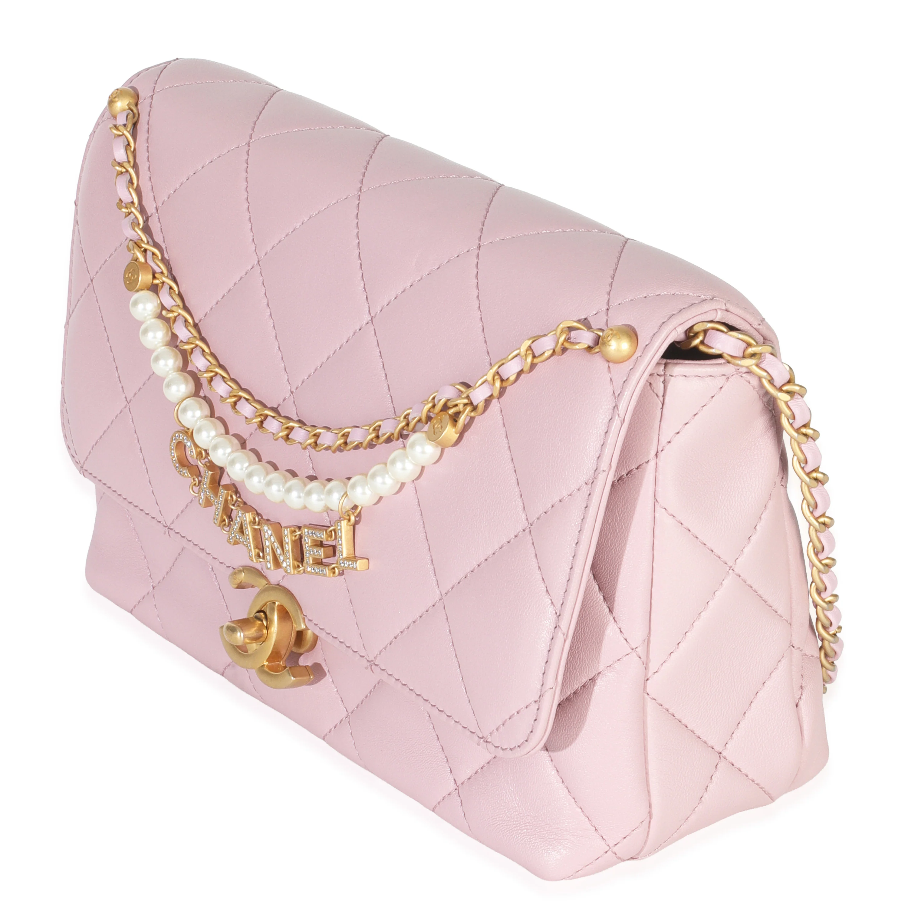 Pink Shiny Quilted Calfskin Mini Pearl Logo Flap Bag - Image 2