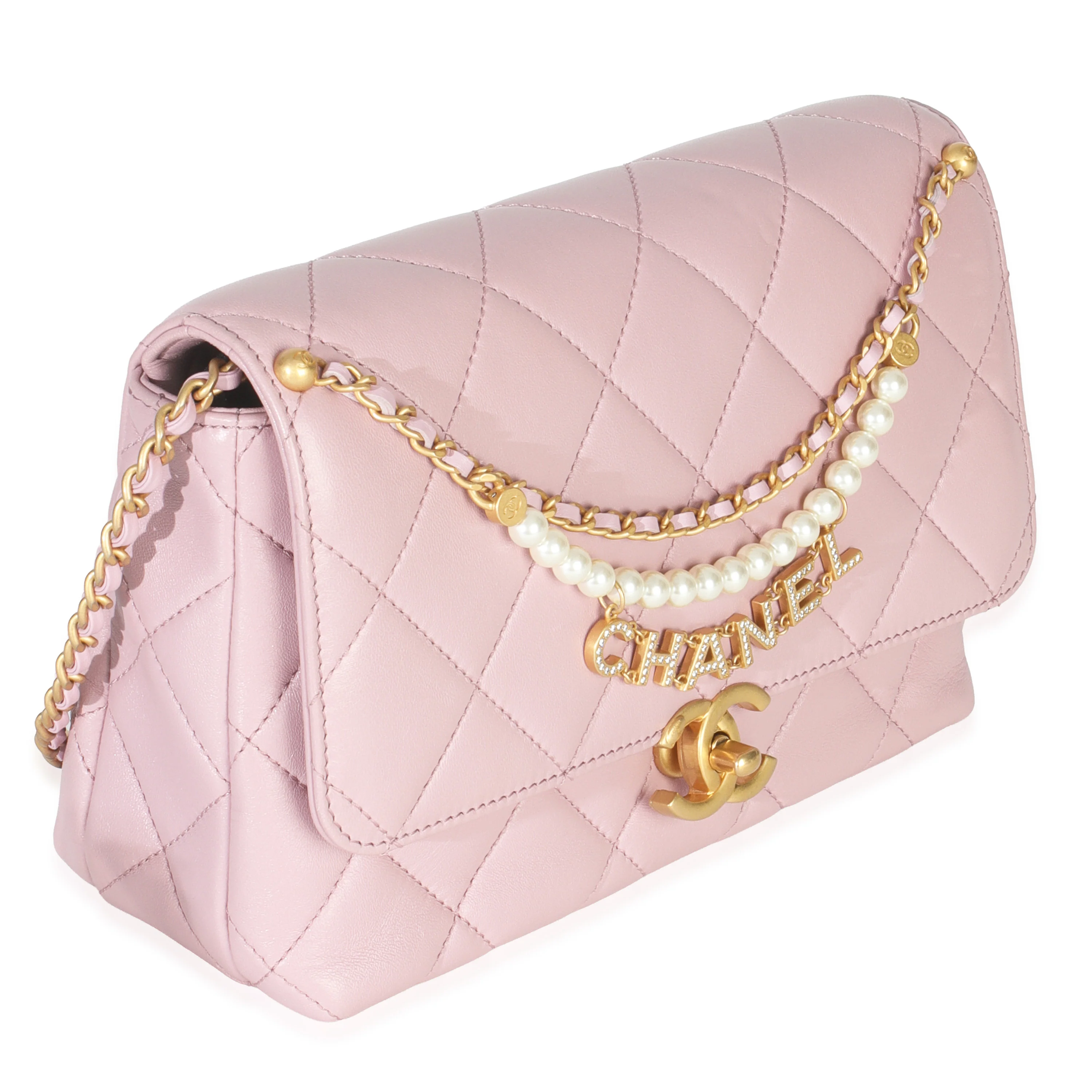 Pink Shiny Quilted Calfskin Mini Pearl Logo Flap Bag - Image 3
