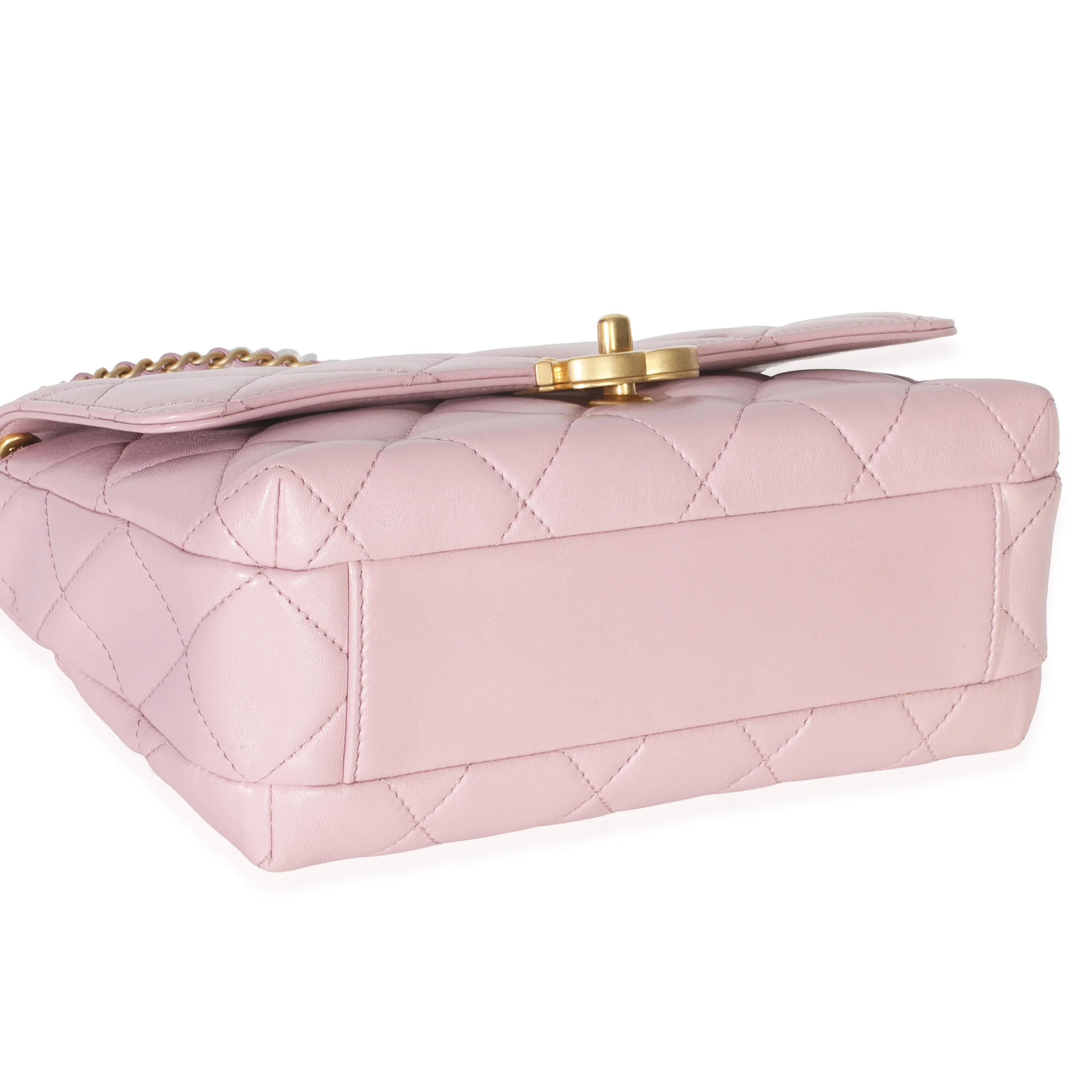 Pink Shiny Quilted Calfskin Mini Pearl Logo Flap Bag - Image 6