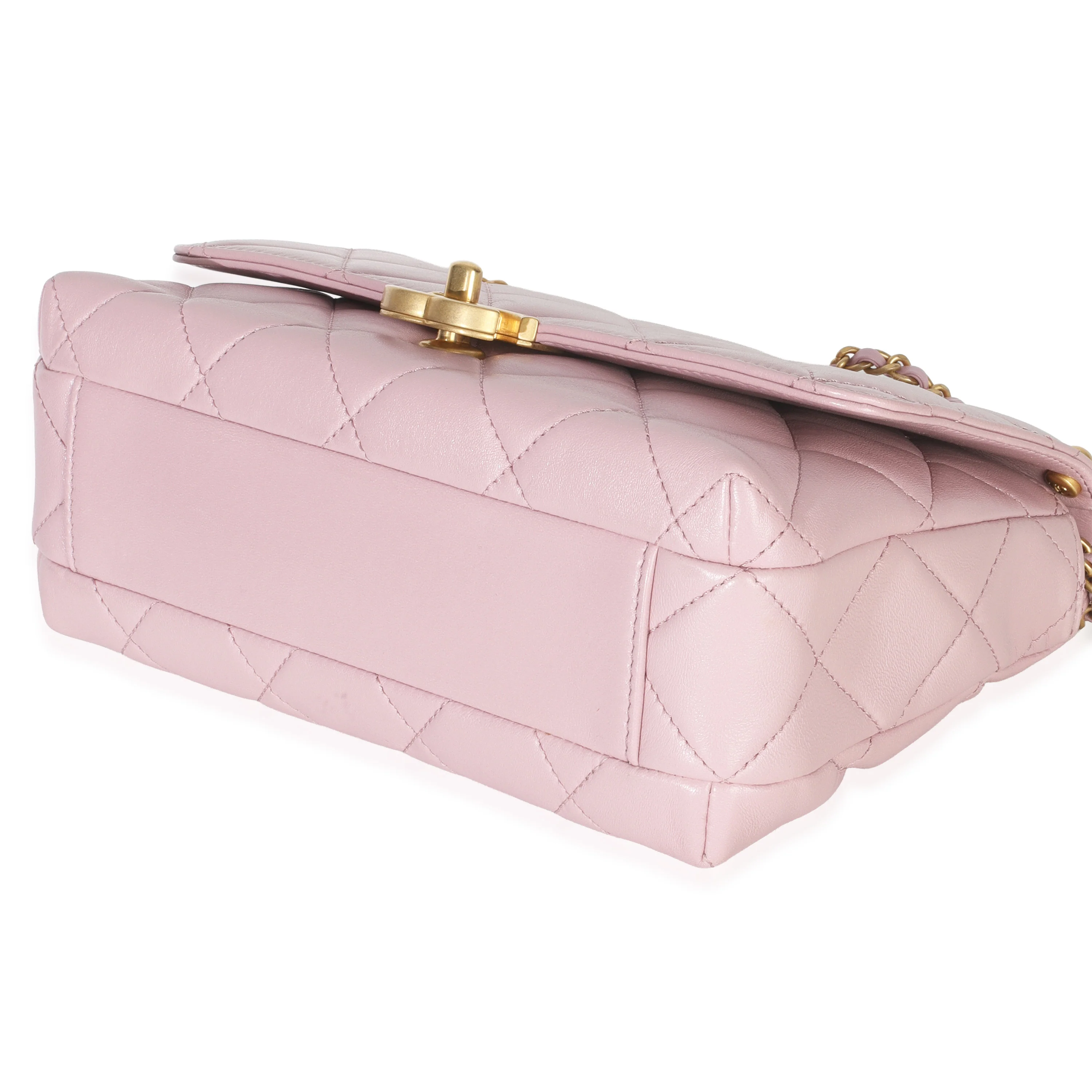 Pink Shiny Quilted Calfskin Mini Pearl Logo Flap Bag - Image 7