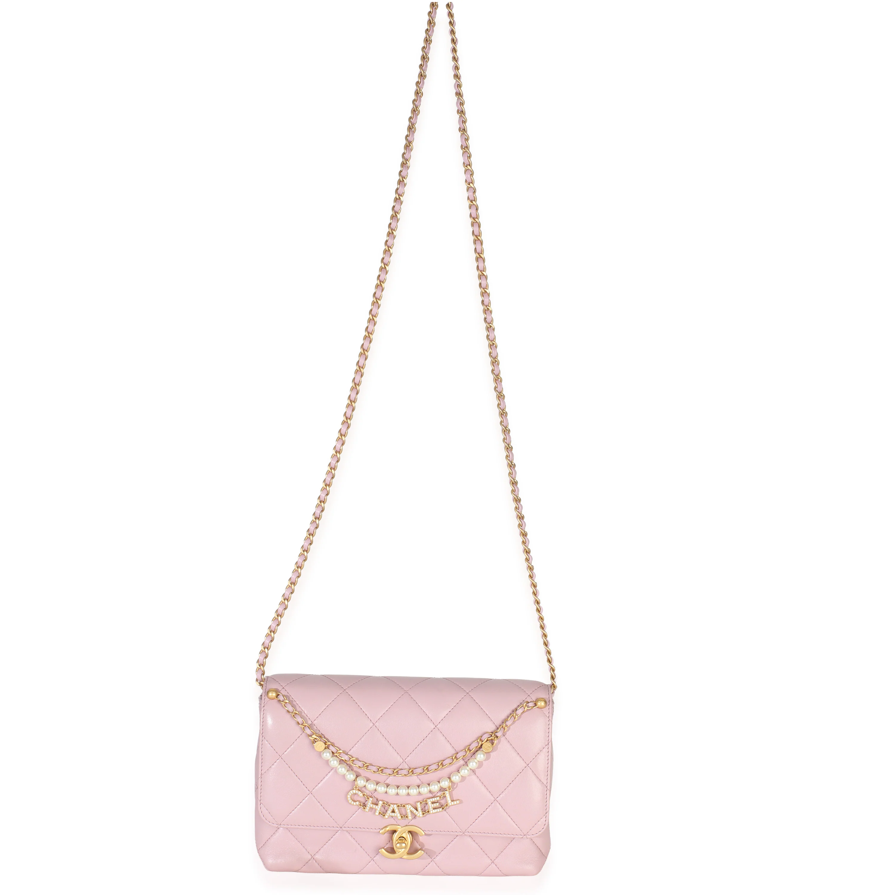 Pink Shiny Quilted Calfskin Mini Pearl Logo Flap Bag - Image 8