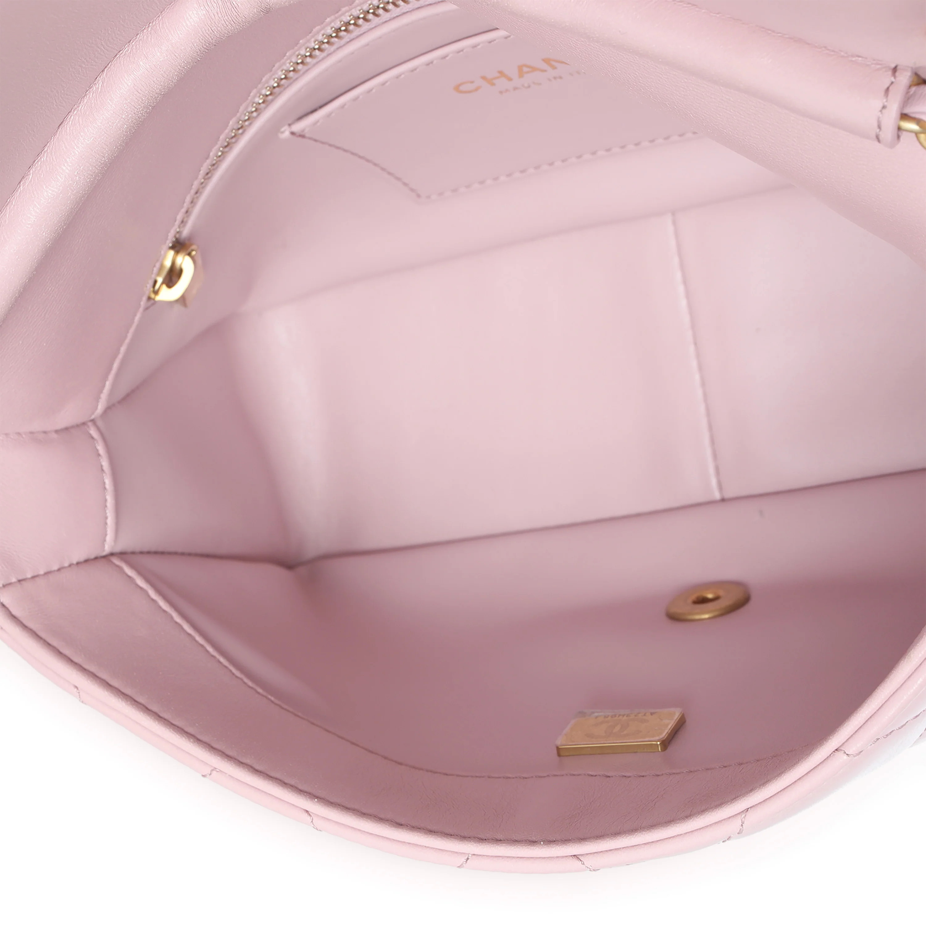 Pink Shiny Quilted Calfskin Mini Pearl Logo Flap Bag - Image 9