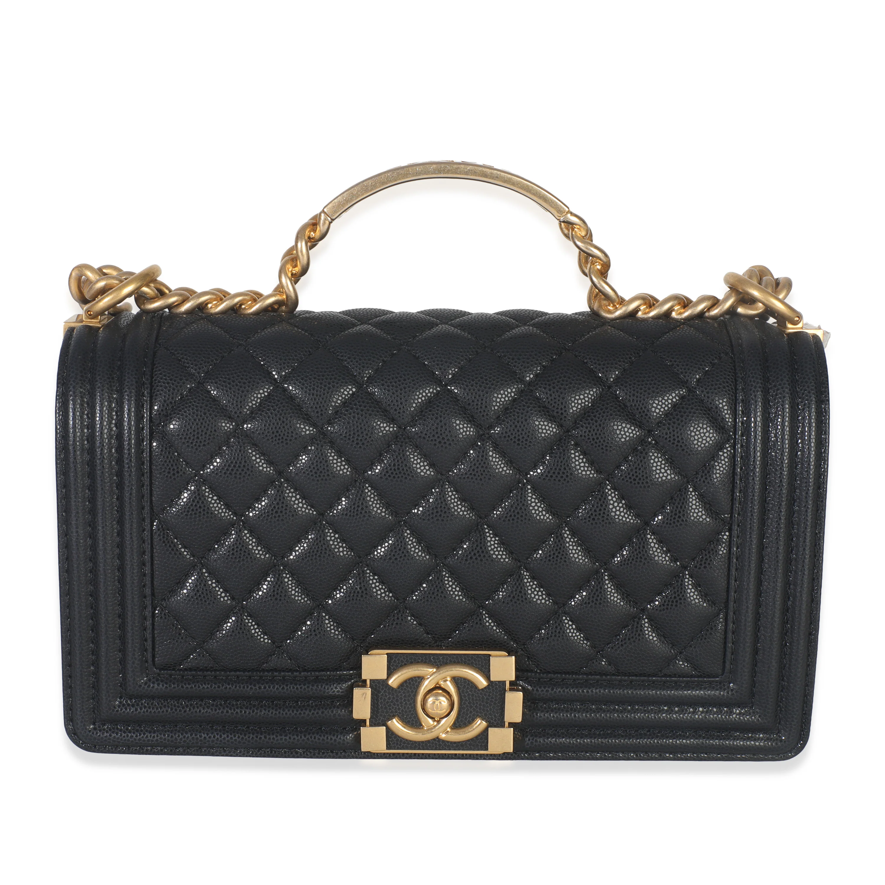 Black Quilted Grained Shiny Calfskin Top Handle Boy With Chain
