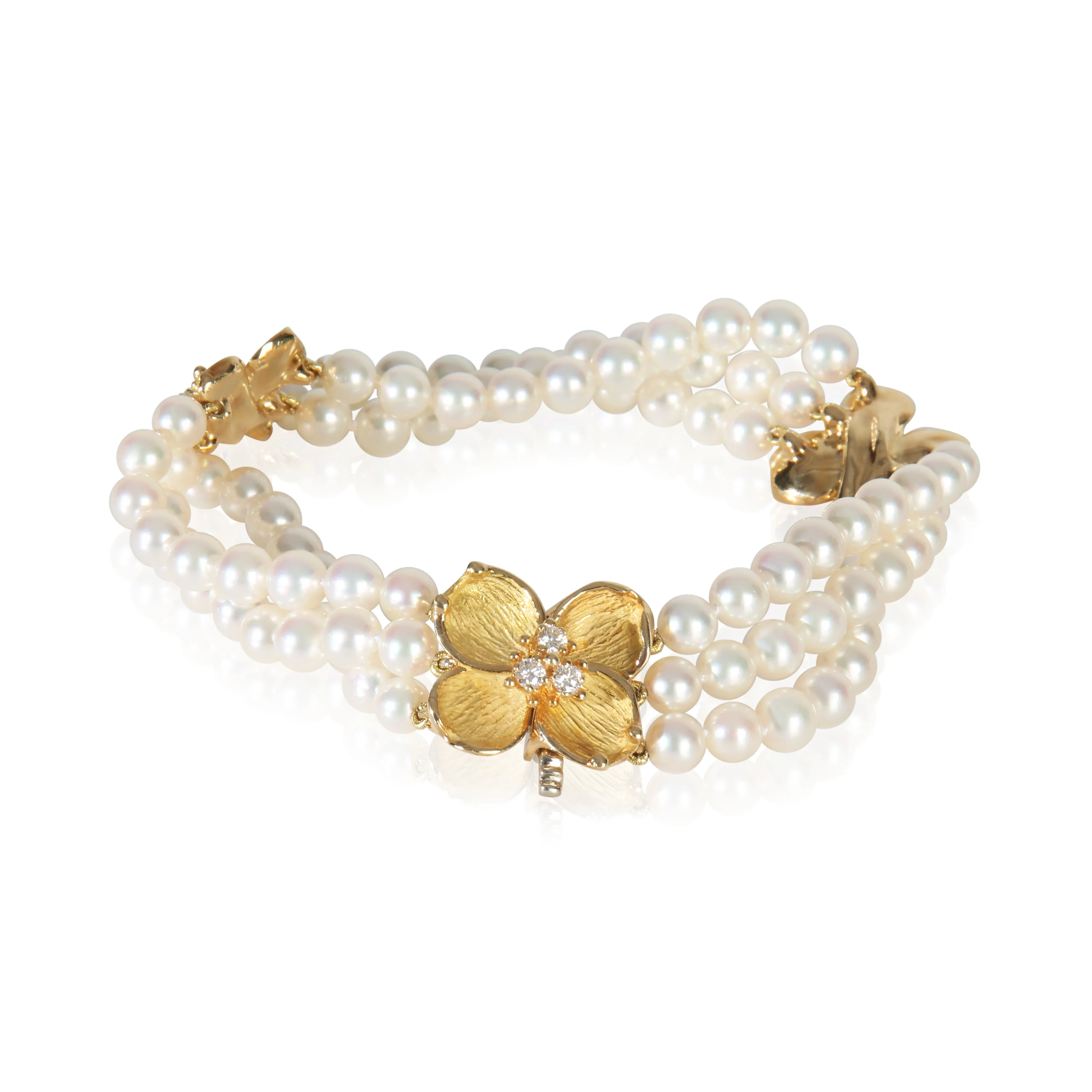 Yellow Gold Diamond Dogwood Pearl Bracelet - Image 3