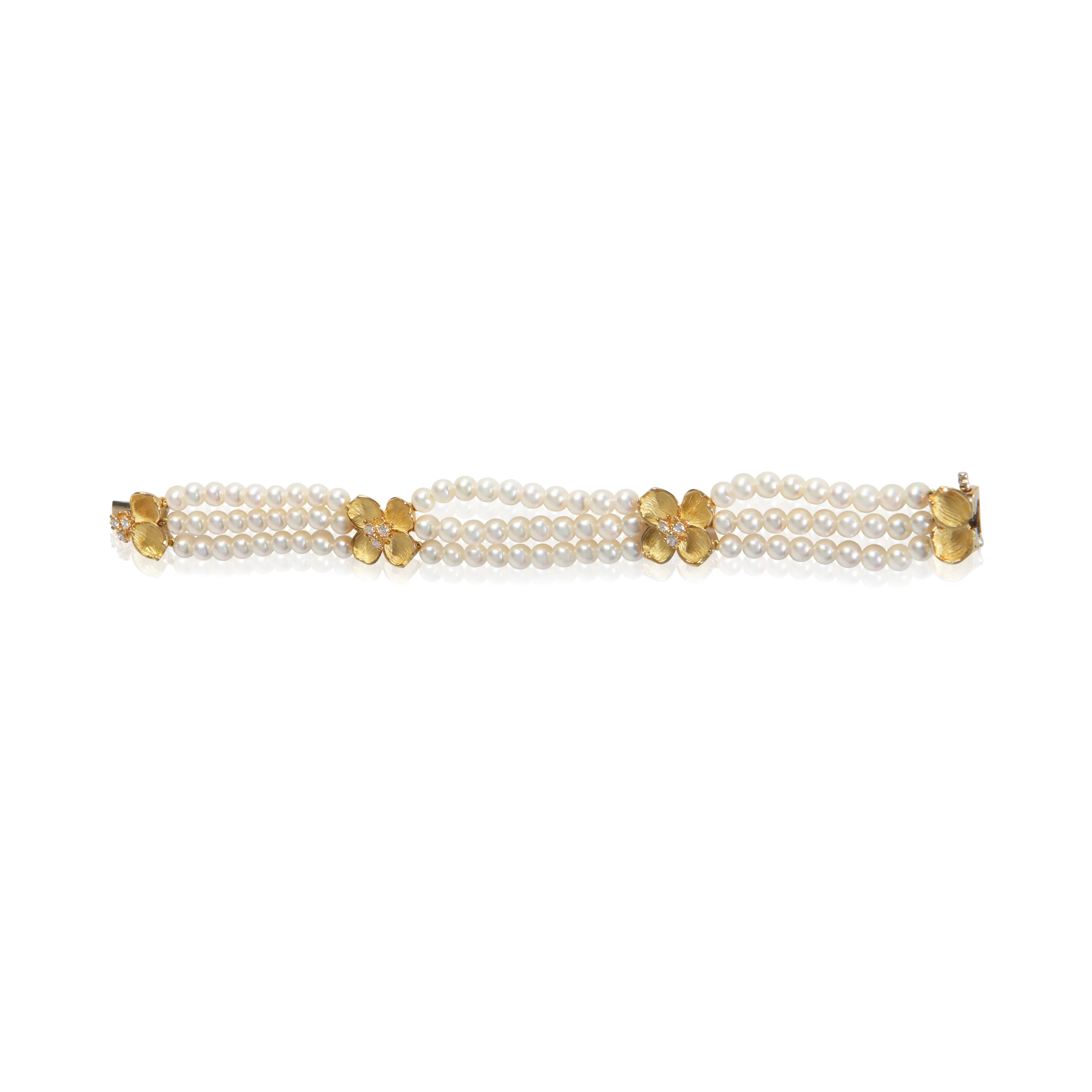 Yellow Gold Diamond Dogwood Pearl Bracelet - Image 4