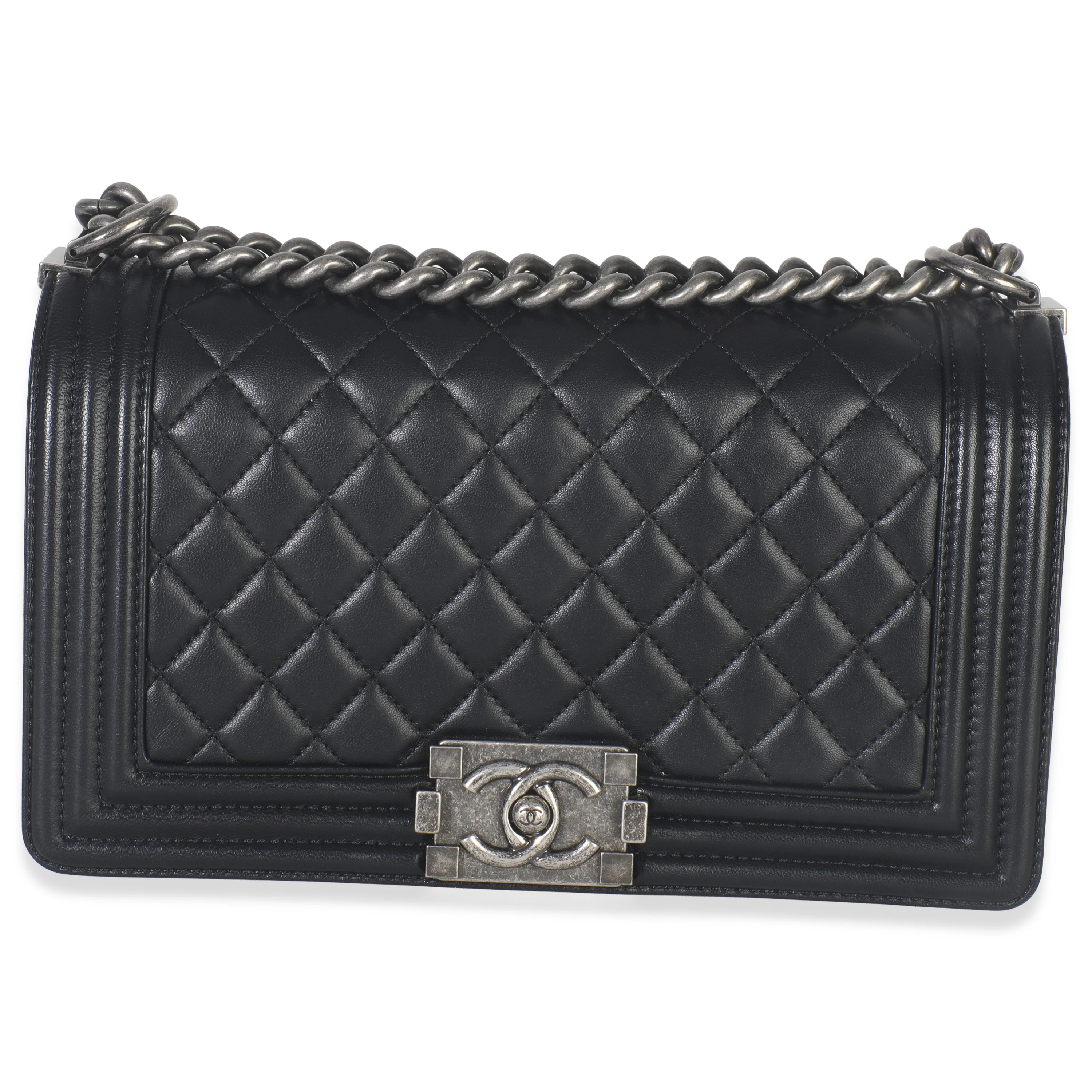 Black Quilted Lambskin Old Medium Boy Bag