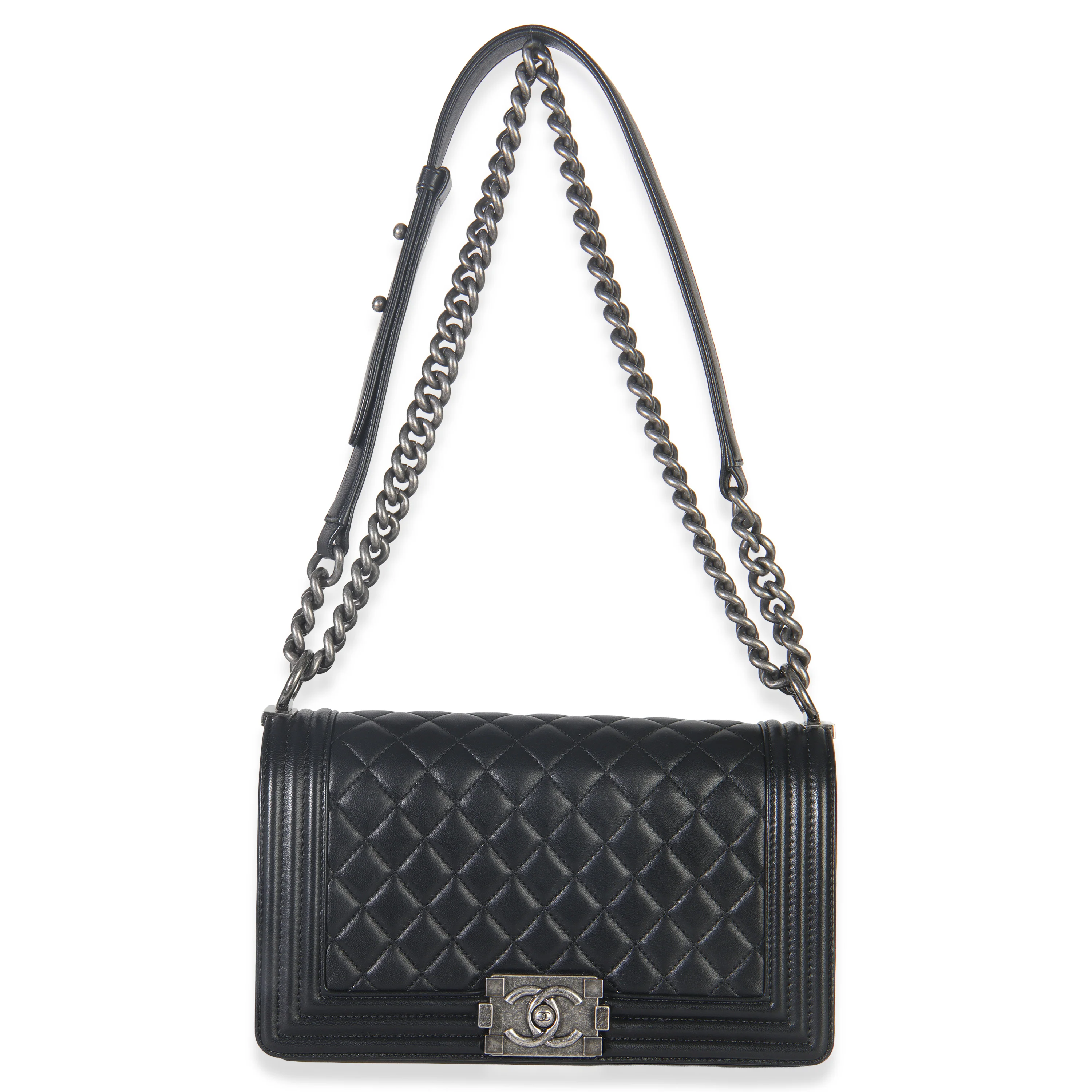 Black Quilted Lambskin Old Medium Boy Bag - Image 9