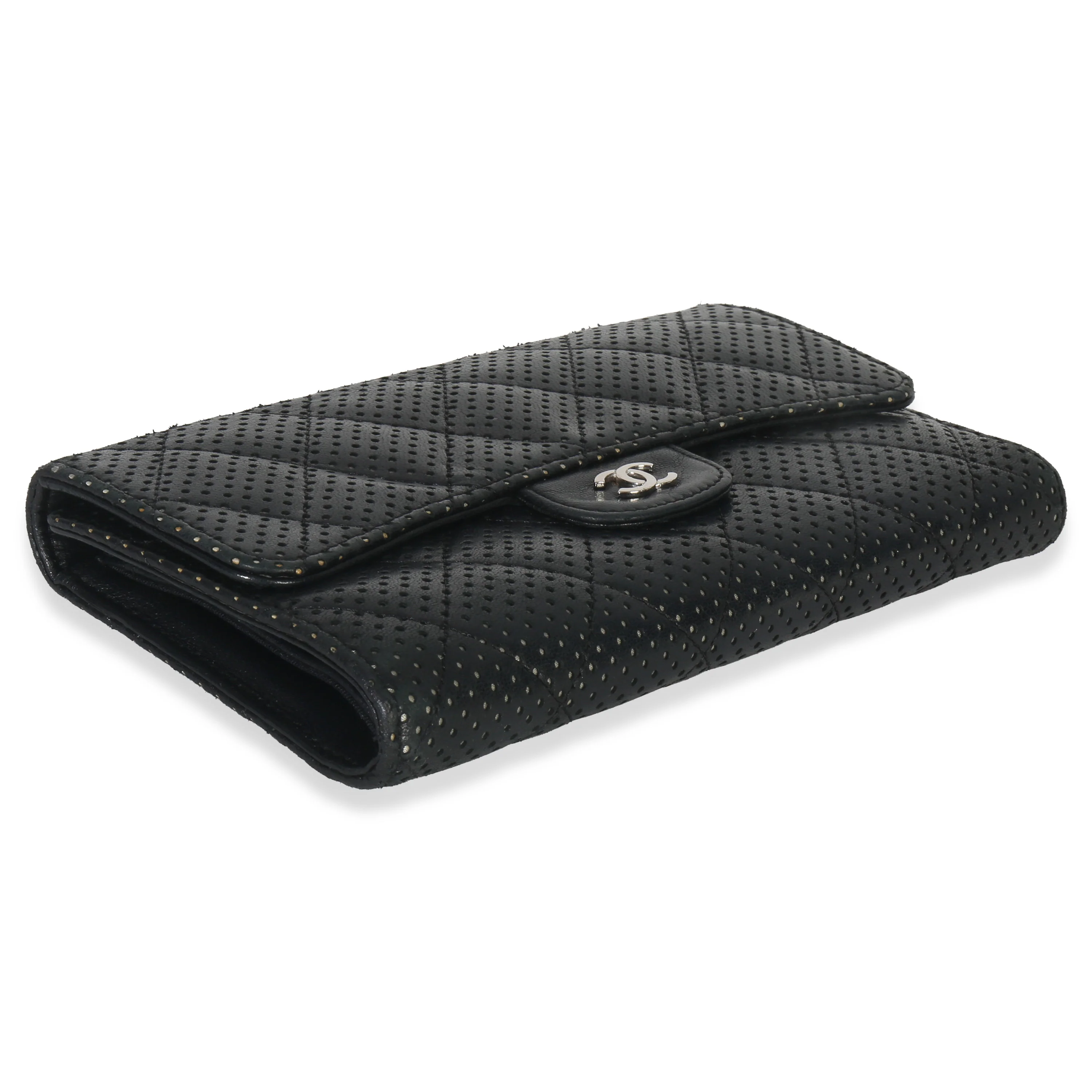 Black Quilted Perforated Lambskin Continental Wallet - Image 7