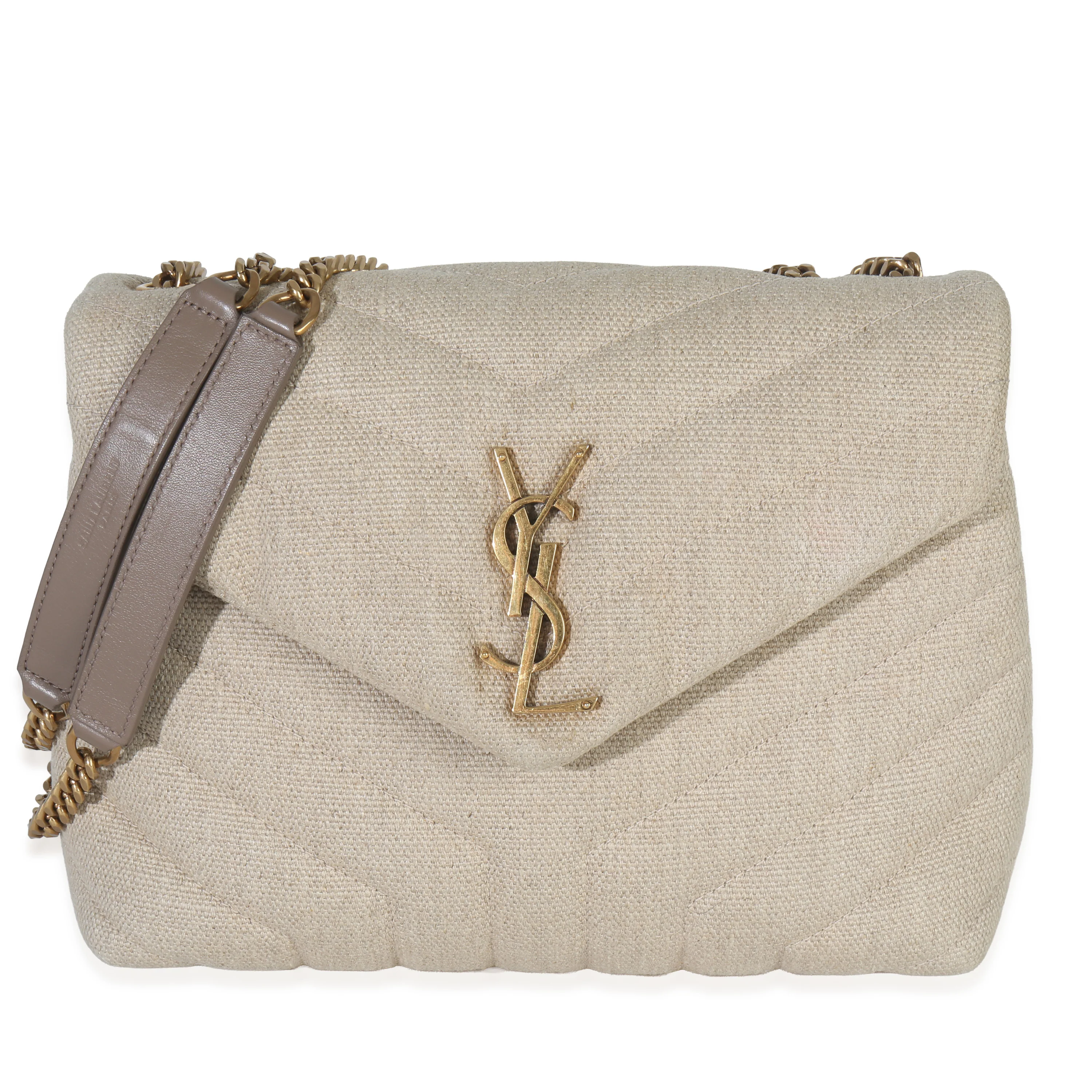 Beige Linen Chevron Small Loulou Chain Bag
