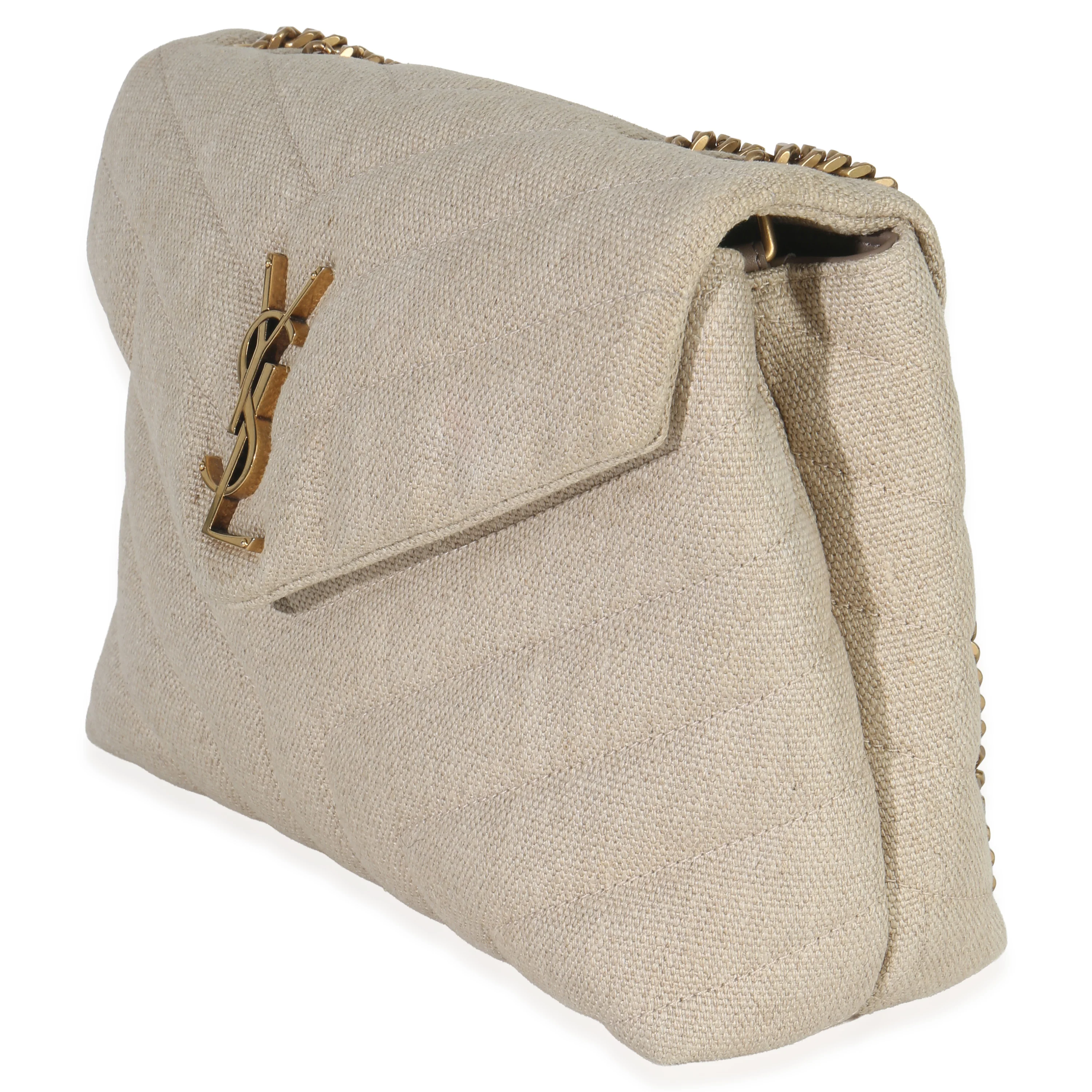 Beige Linen Chevron Small Loulou Chain Bag - Image 2