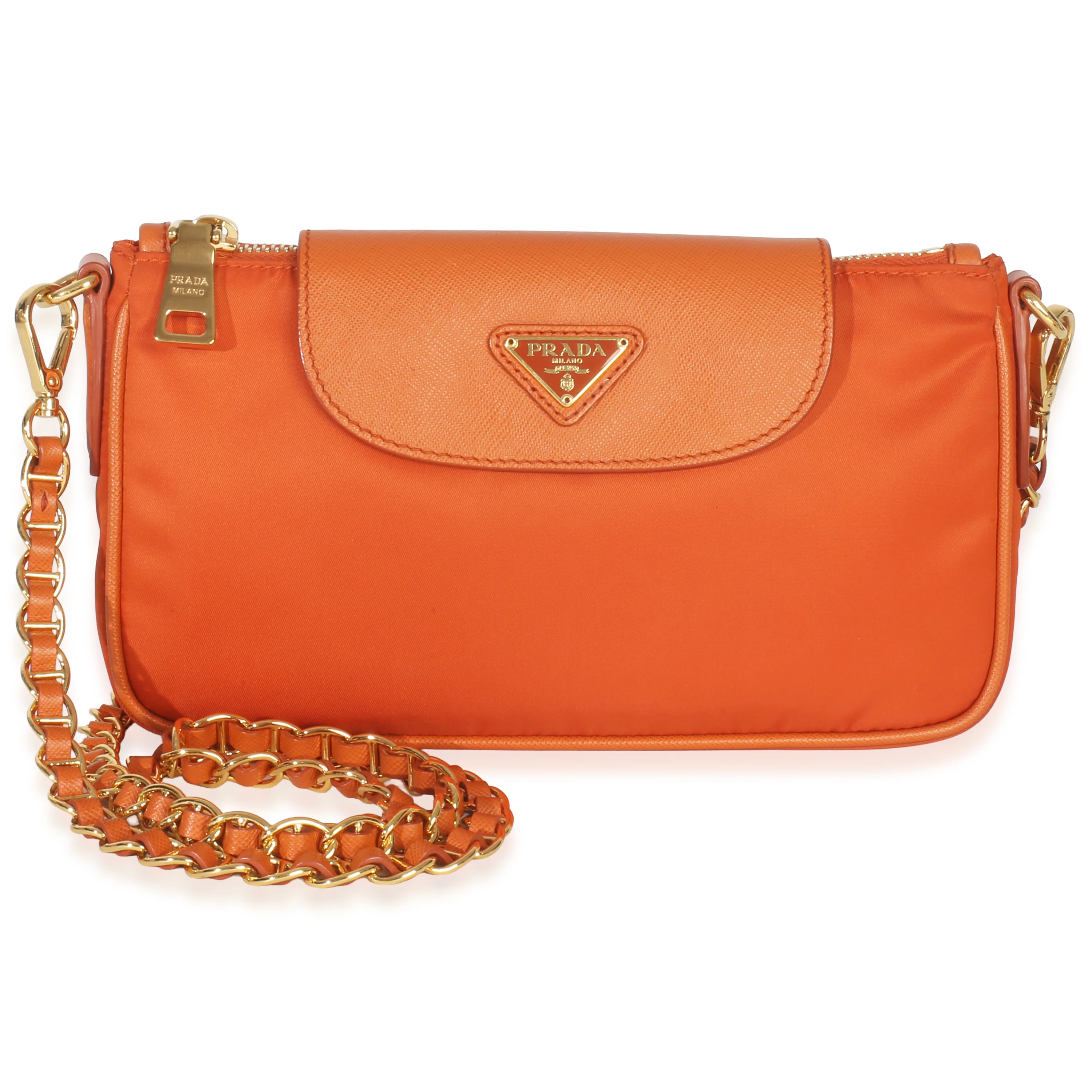 Orange Tessuto Nylon Saffiano Small Flap Crossbody Bag