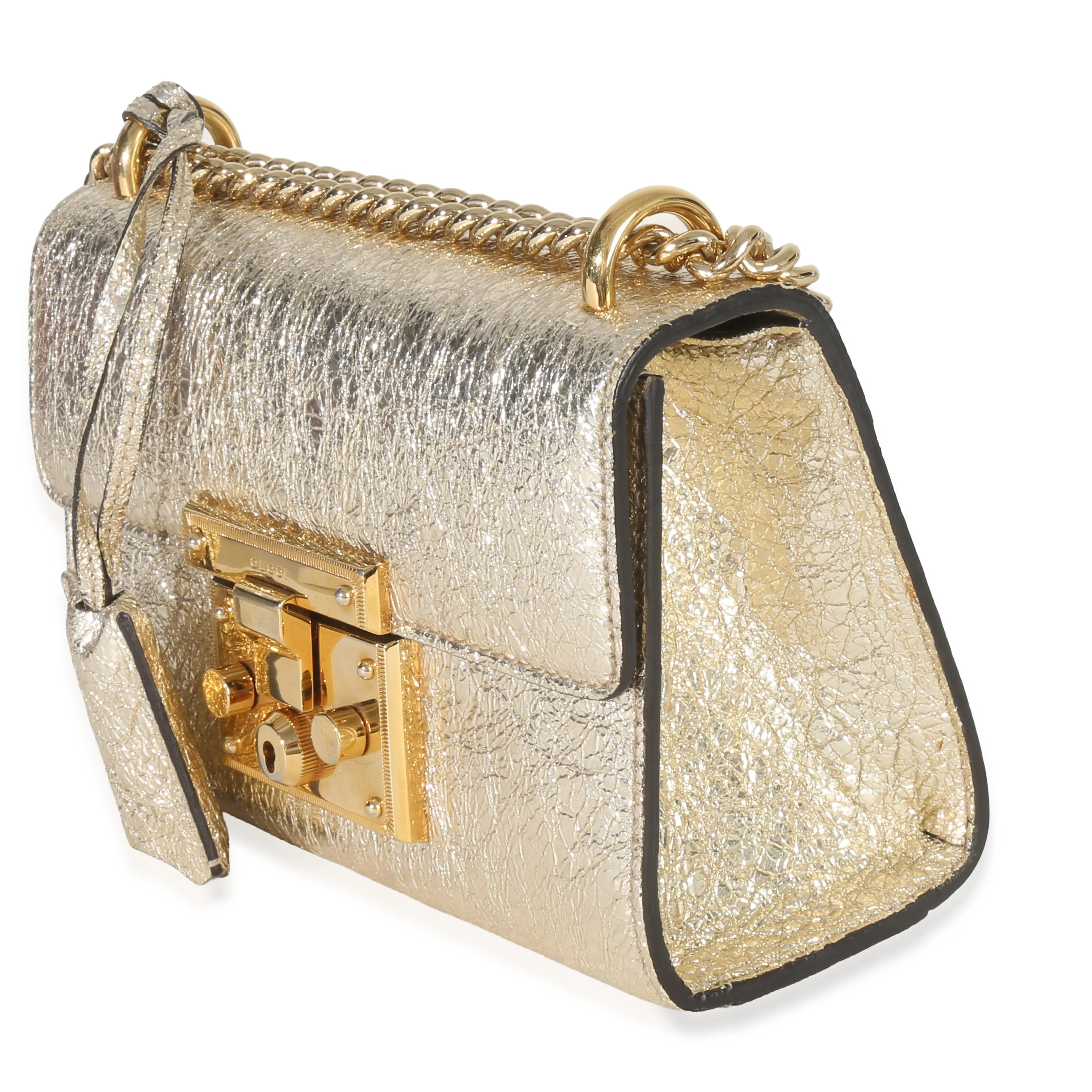 Gold Metallic Crinkled Leather Small Padlock Chain Bag - Image 3
