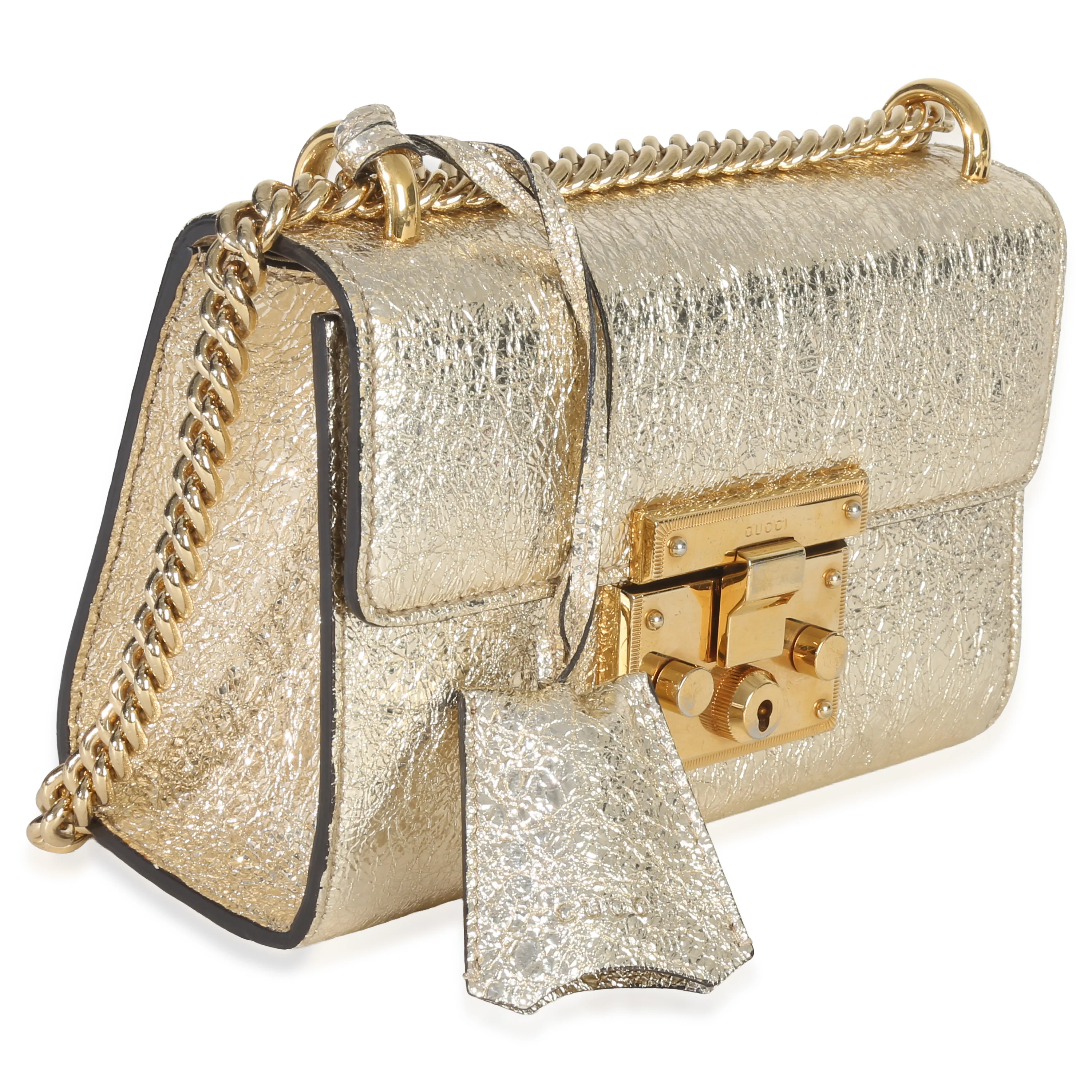 Gold Metallic Crinkled Leather Small Padlock Chain Bag - Image 4