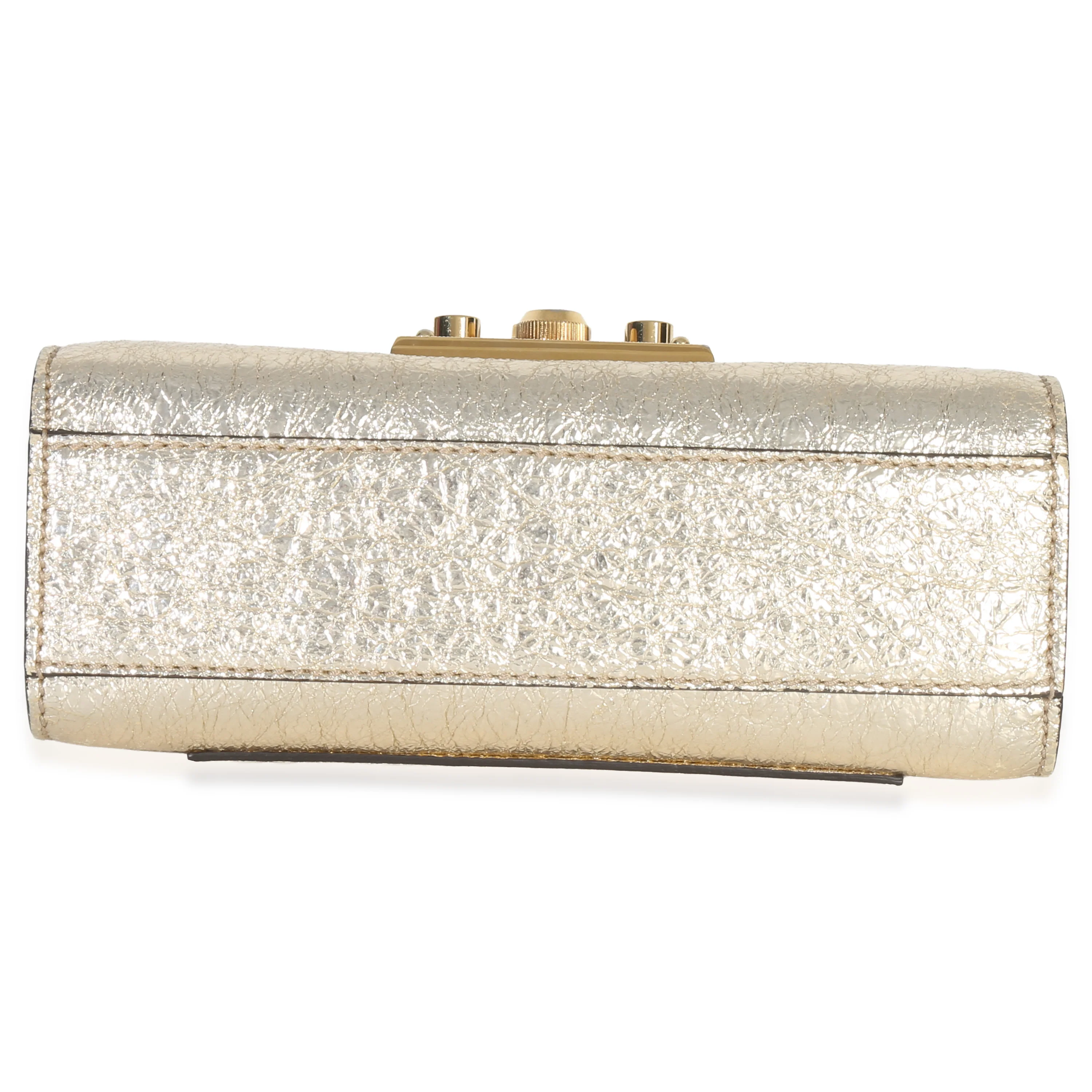 Gold Metallic Crinkled Leather Small Padlock Chain Bag - Image 7