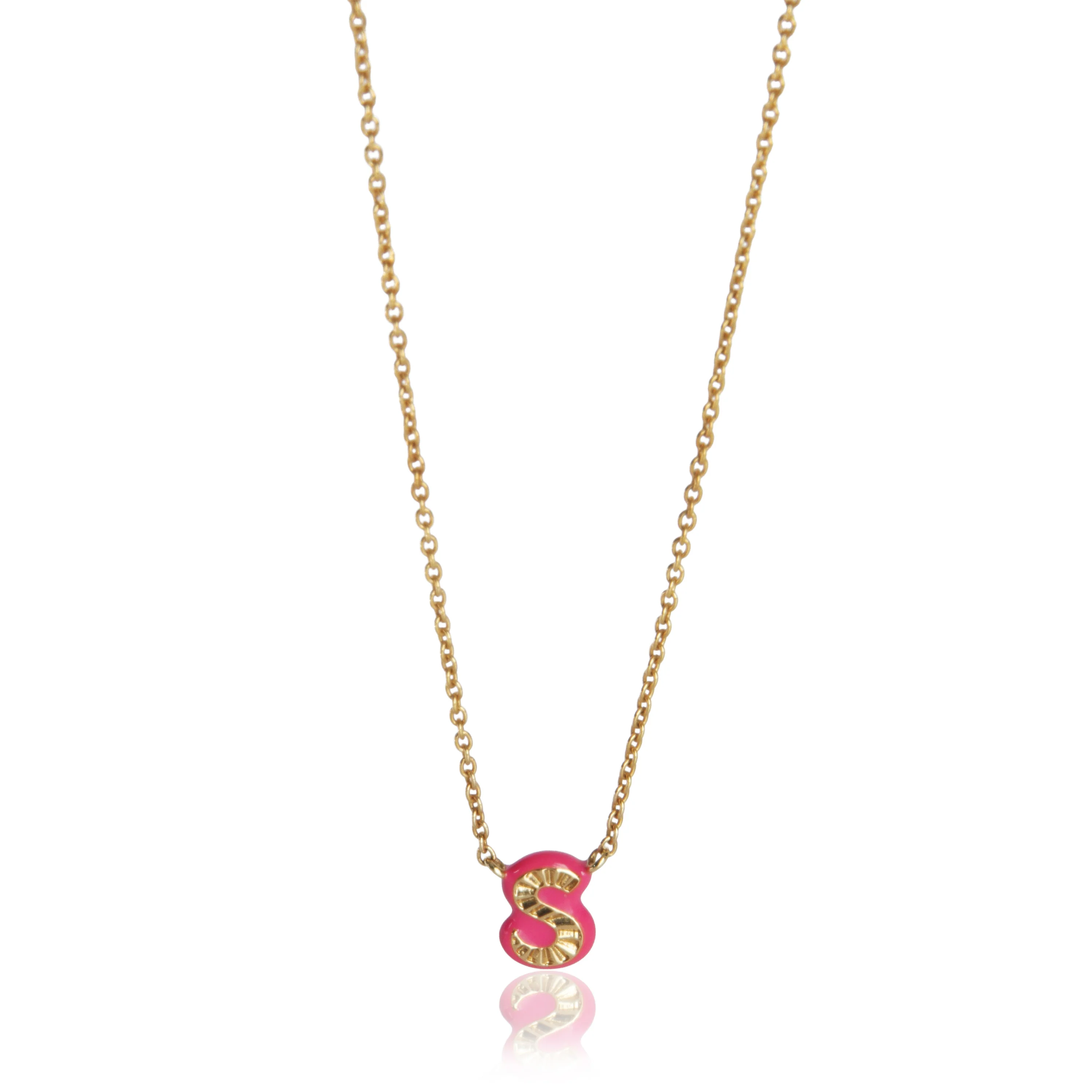 Yellow Gold Hot Pink Enamel Mini Initial S Pendant