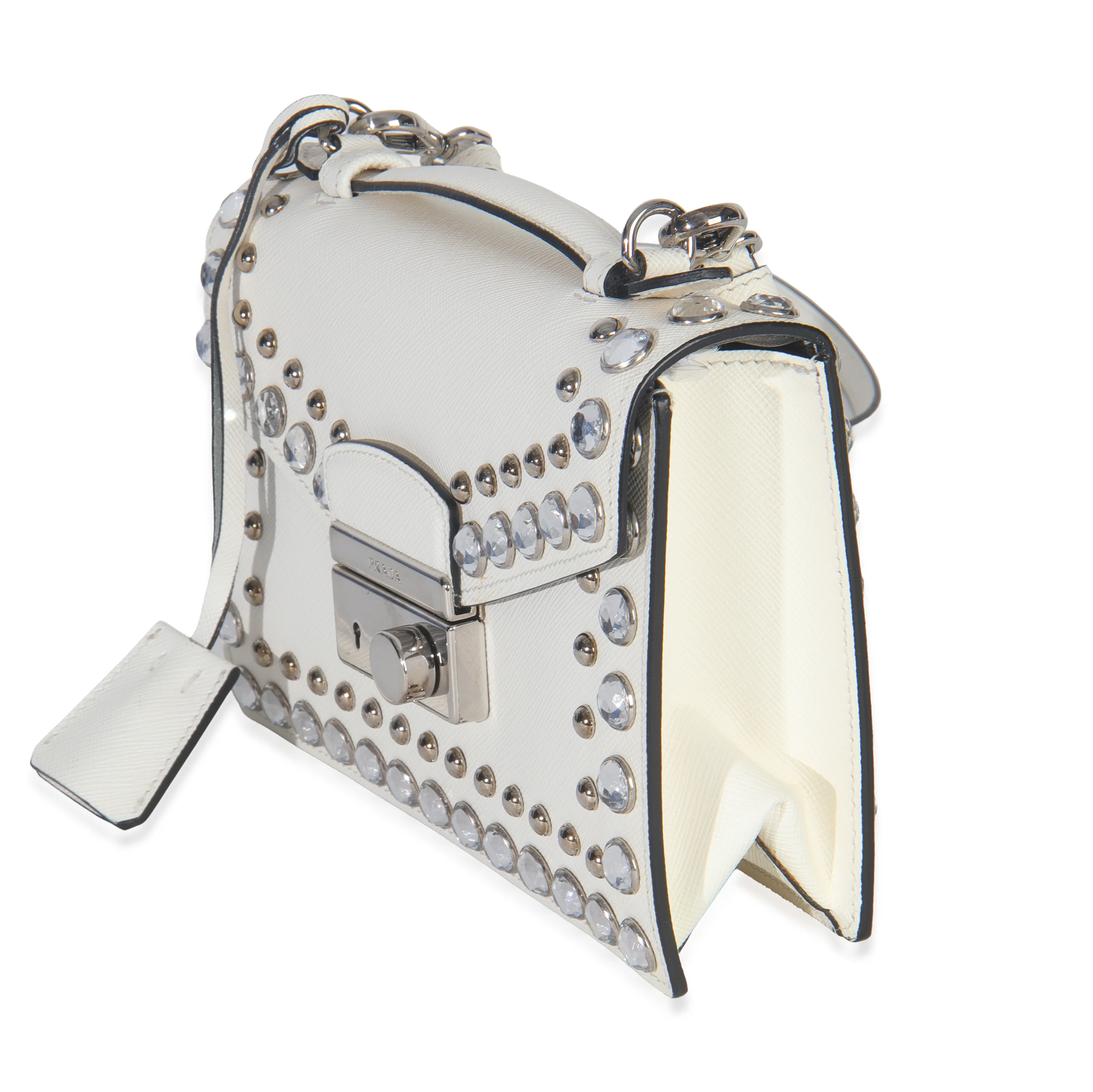 White Studded Saffiano Mini Sound Top Handle Crossbody Bag - Image 2