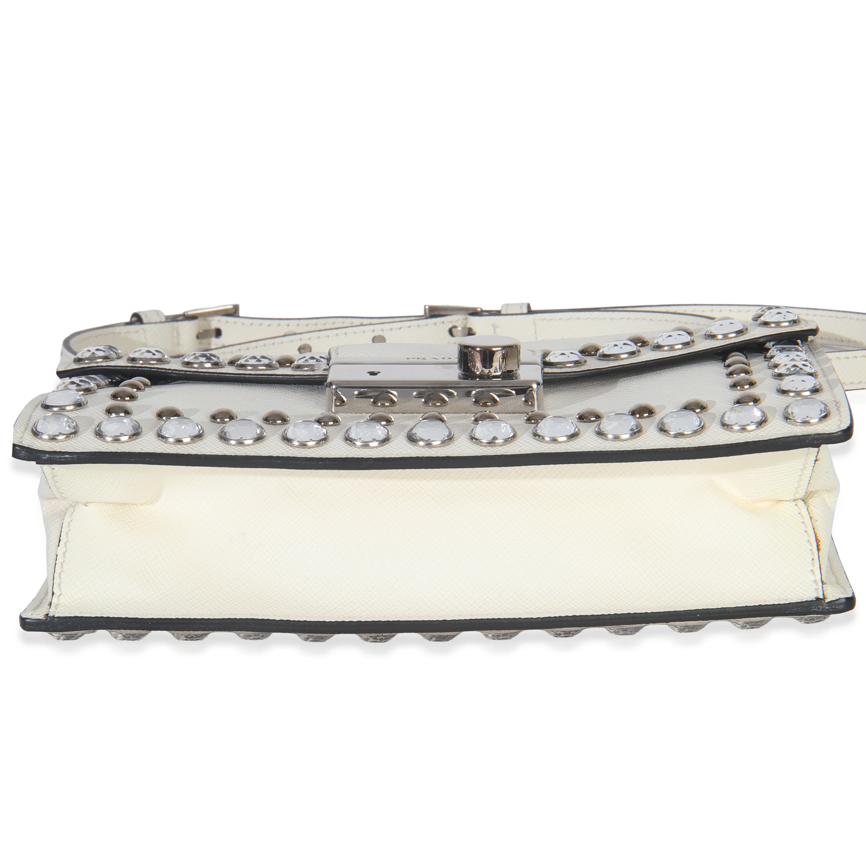White Studded Saffiano Mini Sound Top Handle Crossbody Bag - Image 4