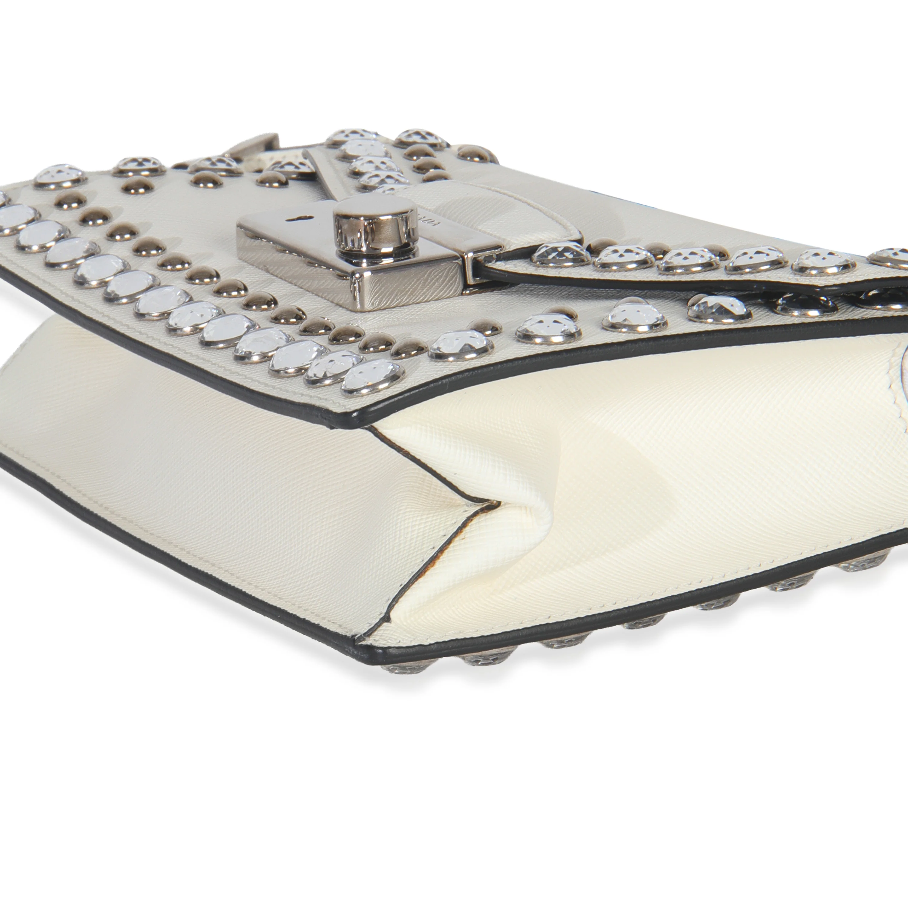 White Studded Saffiano Mini Sound Top Handle Crossbody Bag - Image 5