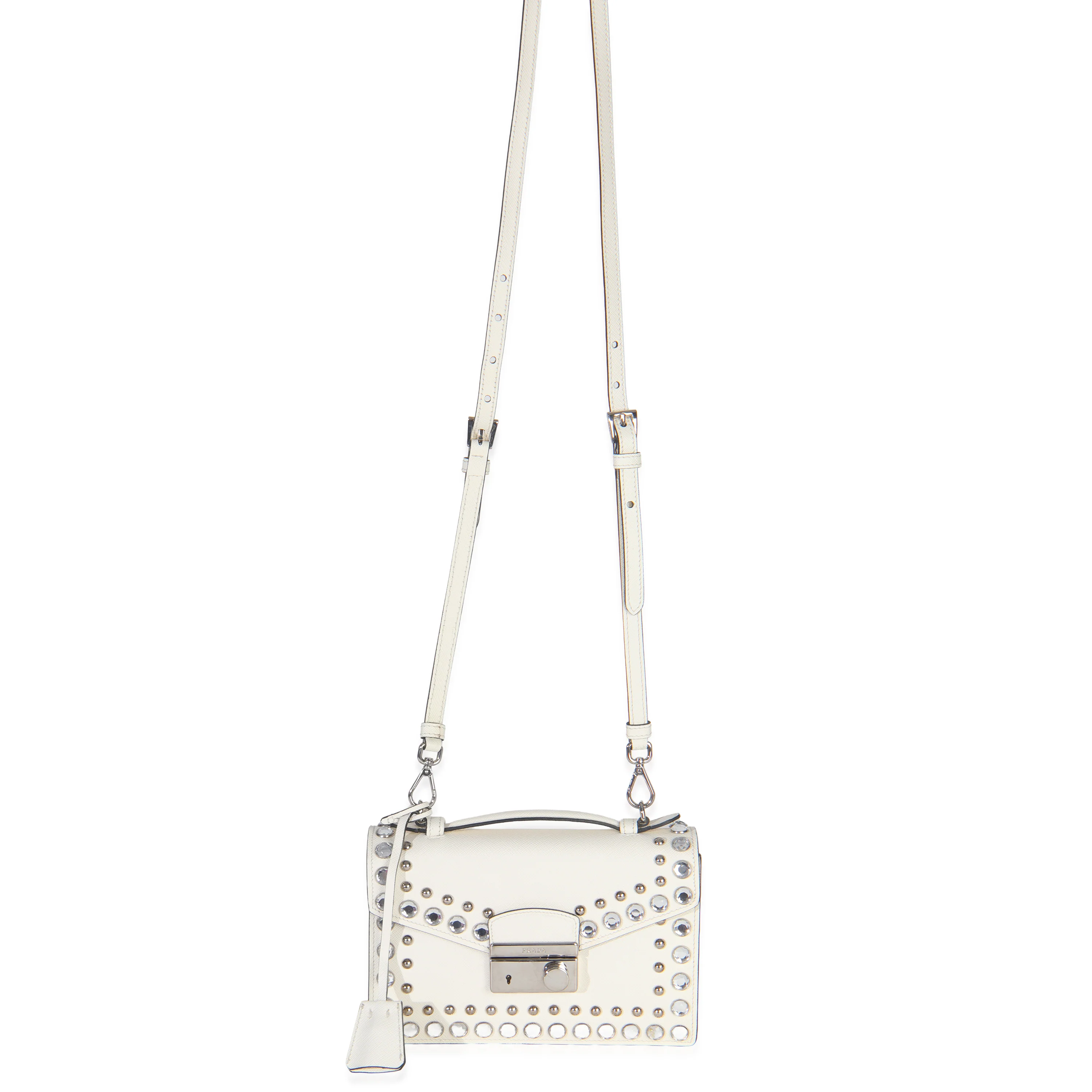 White Studded Saffiano Mini Sound Top Handle Crossbody Bag - Image 6