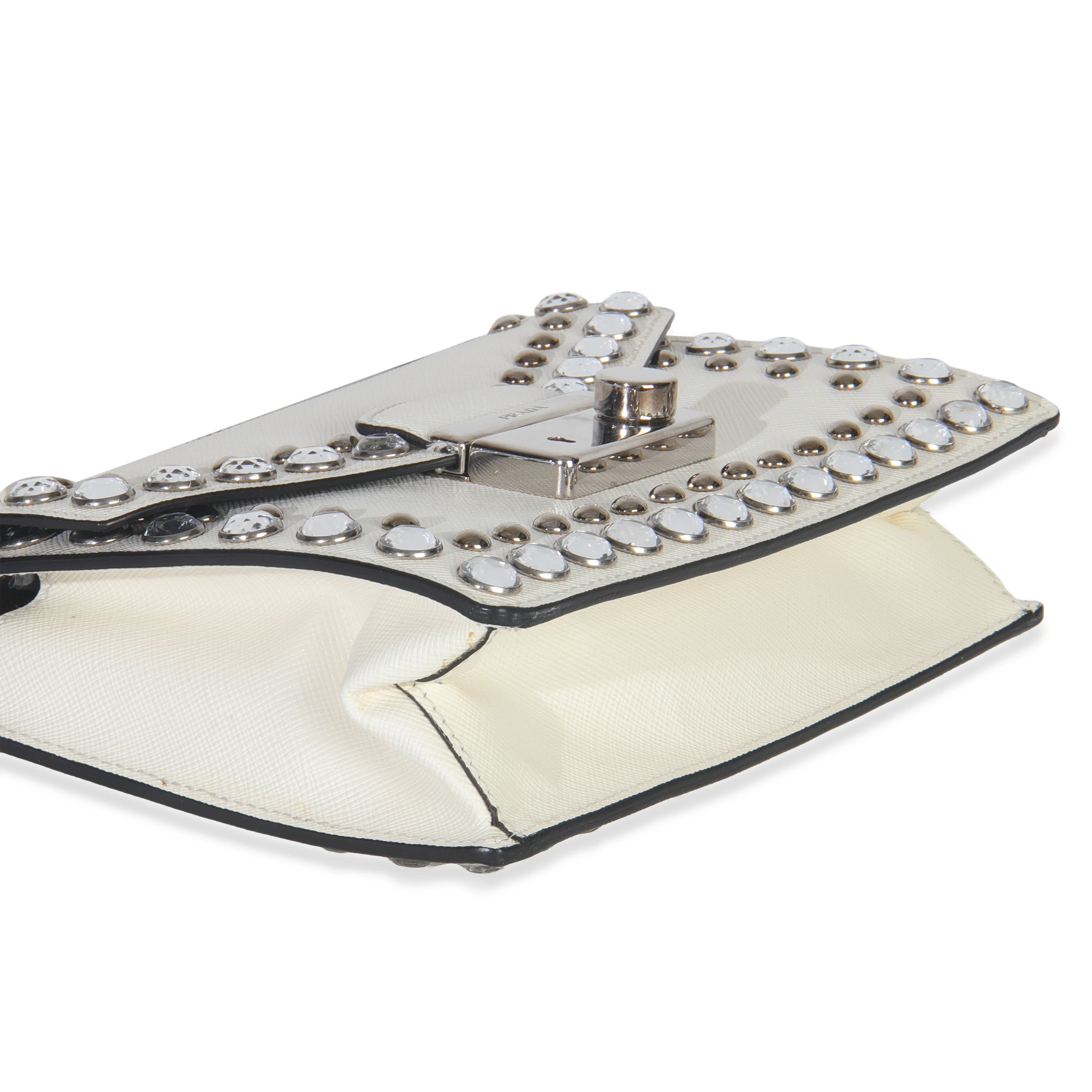 White Studded Saffiano Mini Sound Top Handle Crossbody Bag - Image 7