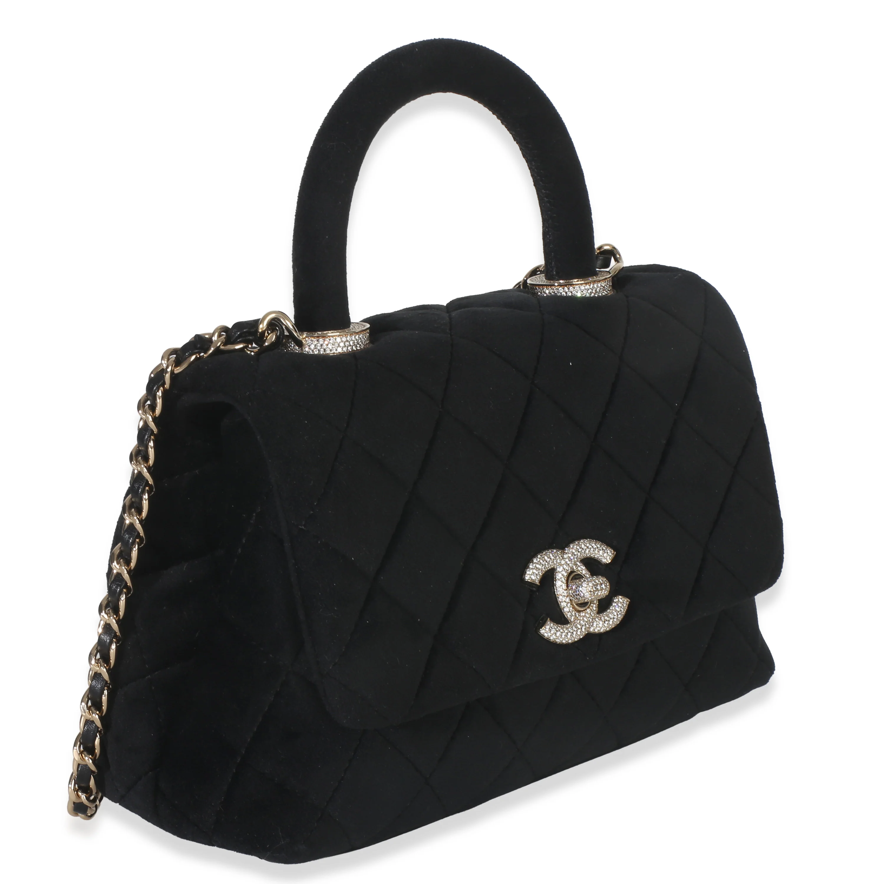 Black Quilted Velvet Crystal Extra Mini Coco Handle Flap Bag - Image 4